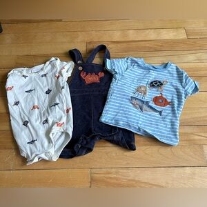 Pekkle Navy Denim Crab Overalls Set with Blue Striped Tee & Seaprint Bodysuit